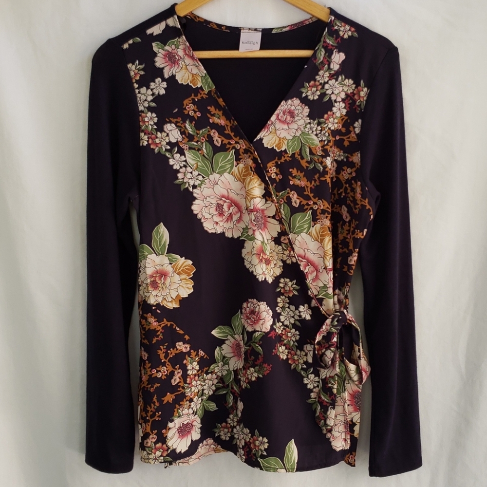 Blue Floral Knit Wrap Top